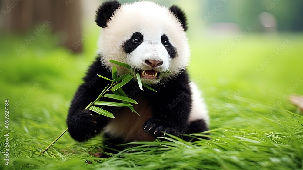 Fototapeta premium A panda eats a large bamboo stalk. Satisfying crunch of bamboo for the adorable panda.