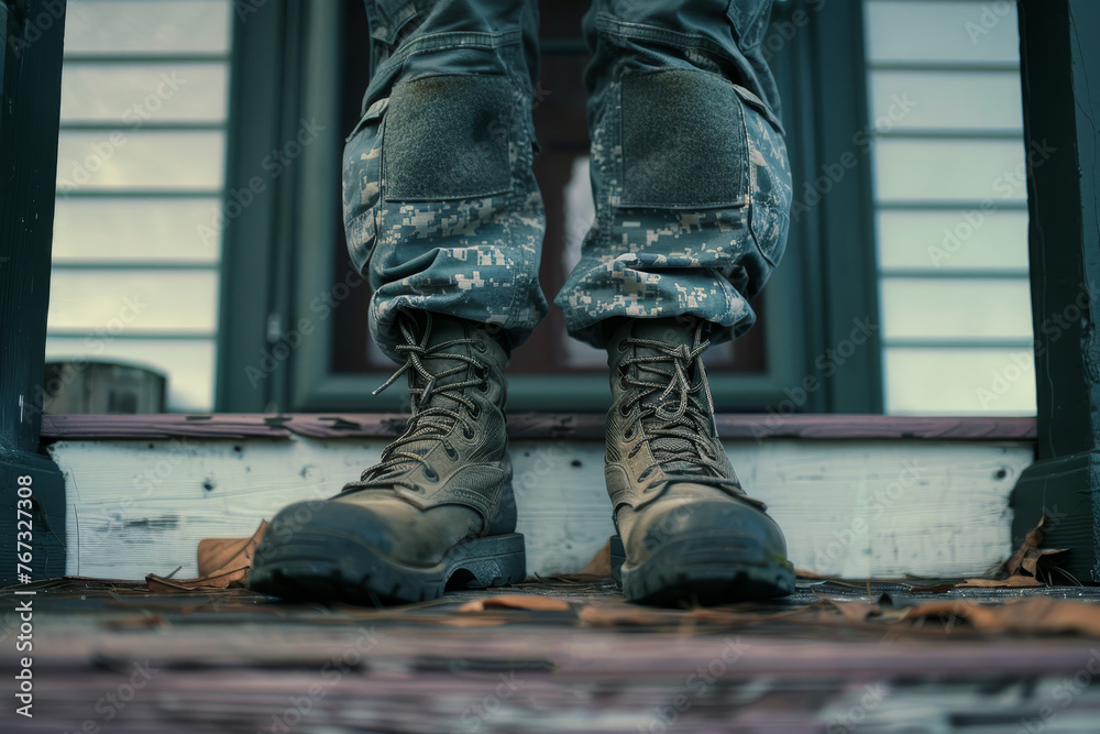 A close-up shot of a soldier boots as they step onto the porch of their home. The focus is on the boots, symbolizing the journey they've made.