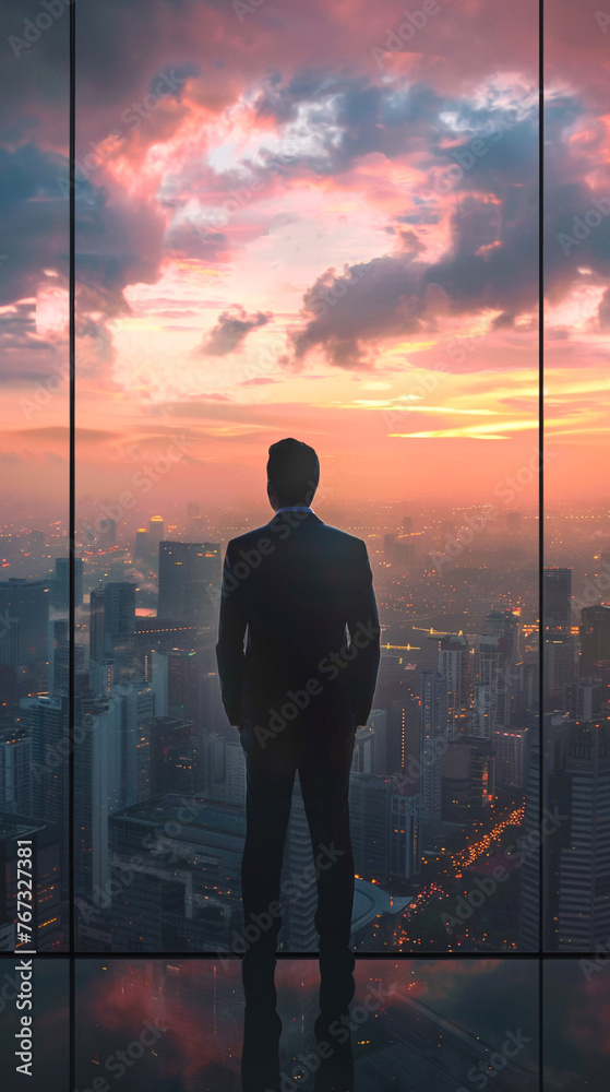 Businessman looking at sunset from a skyscraper window overlooking the city. AI. Businessman looking at sunset from a skyscraper window overlooking the city. AI.