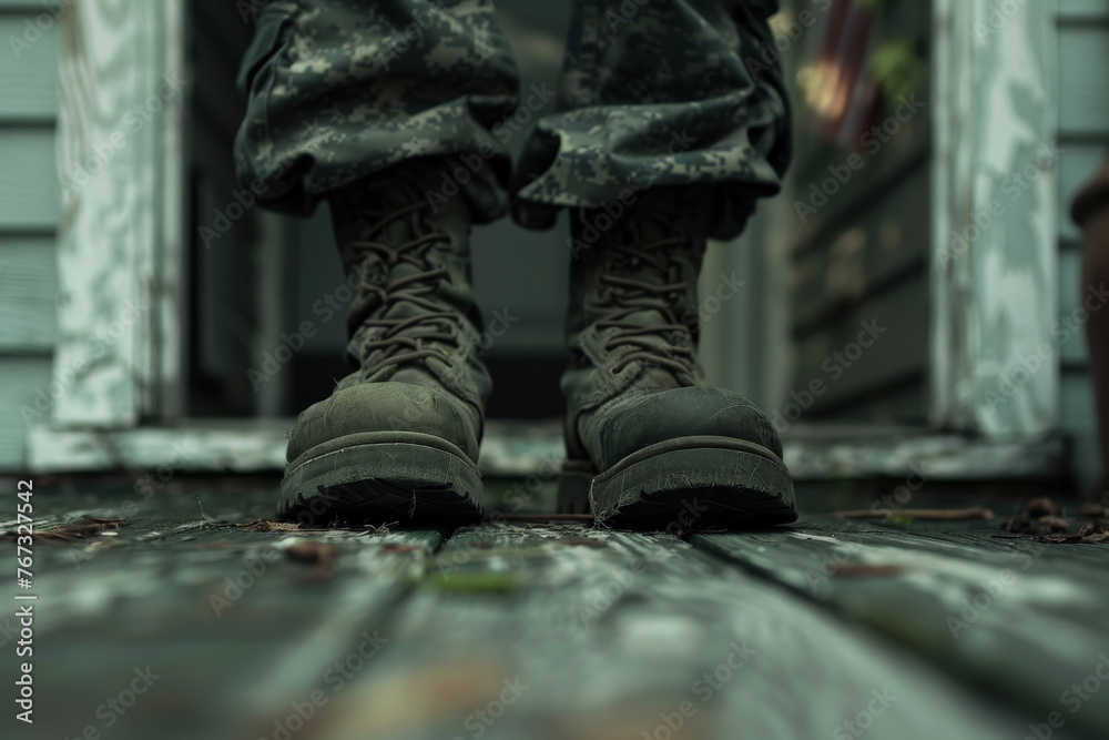 A close-up shot of a soldier boots as they step onto the porch of their home.