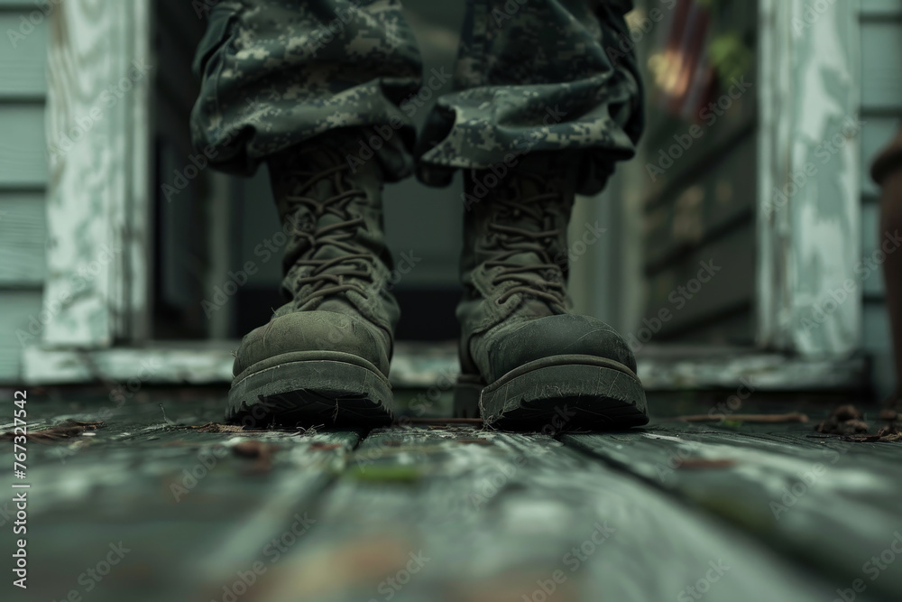 A close-up shot of a soldier boots as they step onto the porch of their home. A close-up shot of a soldier boots as they step onto the porch of their home.