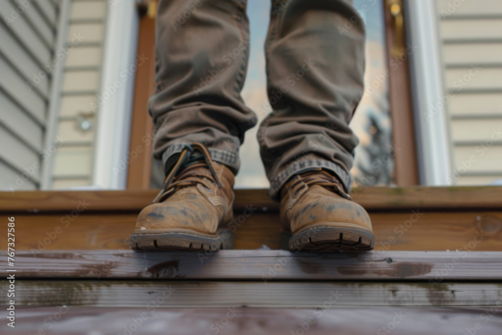 A close-up shot of a war veteran boots as they step onto the porch of their home.