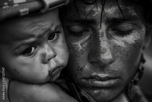 A close-up shot of a soldier eyes welling up with tears as they hold their child. The image captures the emotional intensity of the homecoming photo