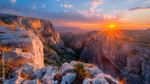 A wide mountain river, deep stone canyon, ancient granite rocks, beautiful sunset, rocky river, cloudy sky, mountain landscape Ai generated 