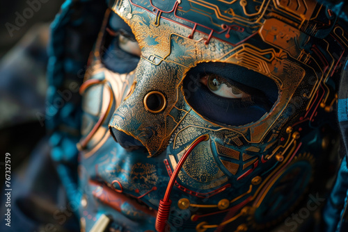A close-up shot of a hacker wearing a unique, stylized mask. The focus is on the intricate details of the mask