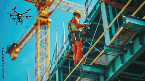An engineering event showcases a construction worker wearing electric blue workwear and a helmet, standing on a ladder on top of a composite material facade of a building. AIG41