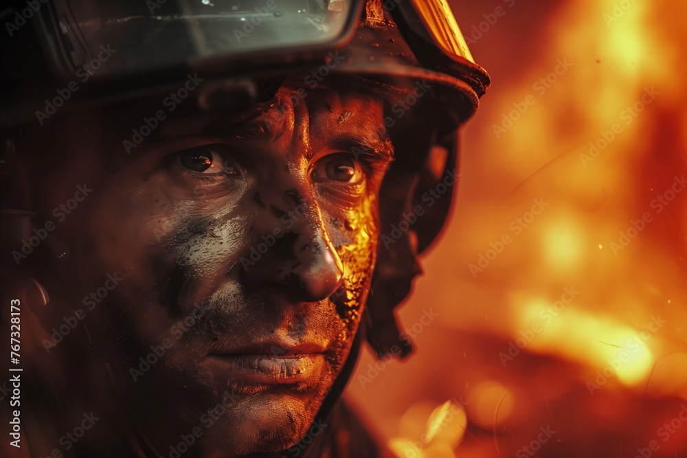 A firefighter battling a blaze, his face determined and focused. Close-up. A firefighter battling a blaze, his face determined and focused. Close-up.