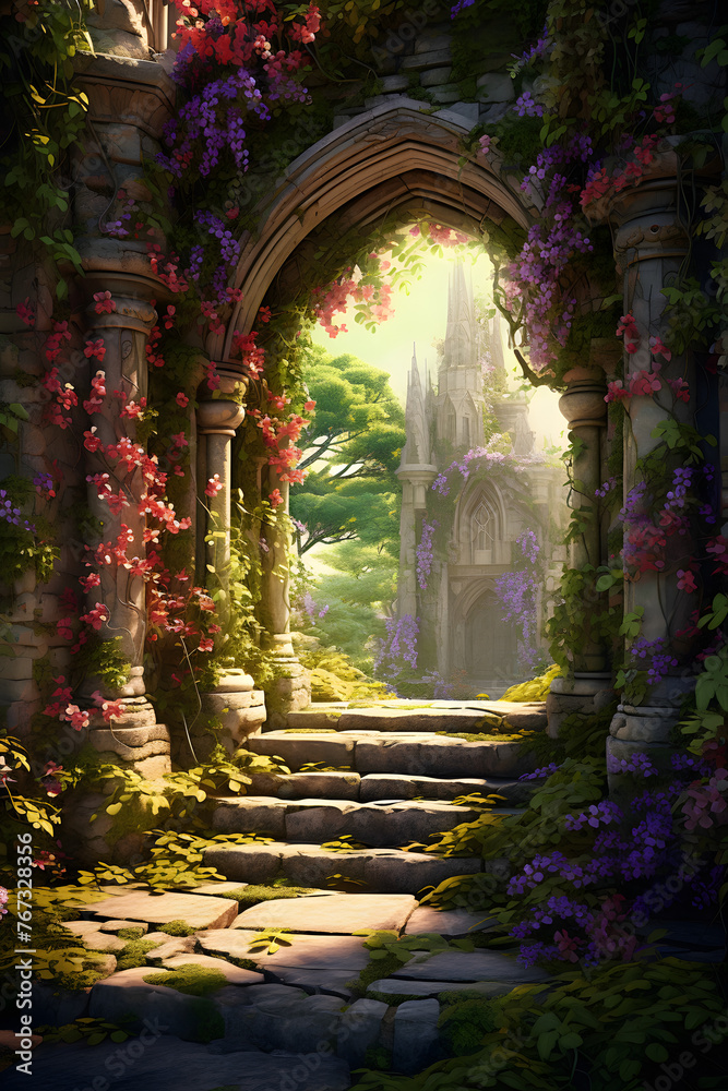 Enchanted Archway: Ancient Stone and Blooming Garden