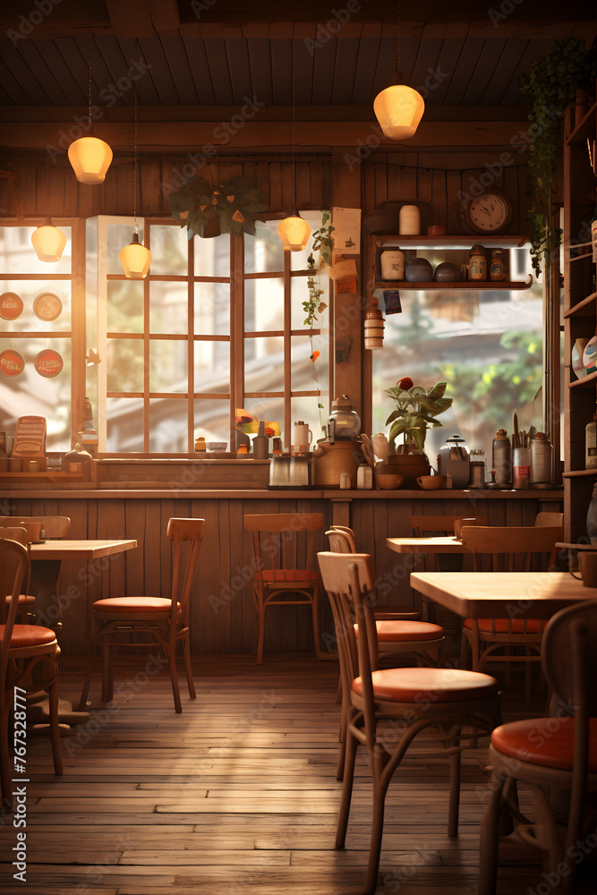Cozy Café Ambiance: Rustic Wooden Tables and Chairs