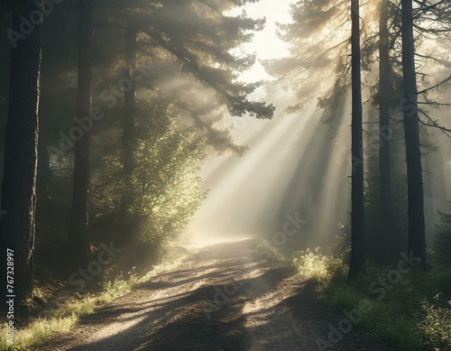 A dirt road in the middle of a forest with sunbeams shining through the trees on a foggy day