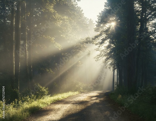 A dirt road in the middle of a forest with sunbeams shining through the trees on a foggy day