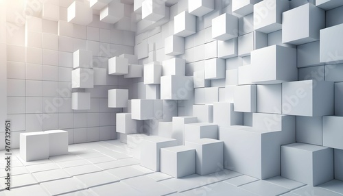 Abstract geometric white bright 3d texture wall with squares and square cubes background banner illustration with glowing lights  textured wallpaper generative ai