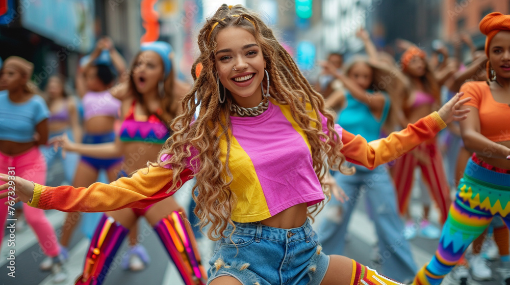 Dancing in the streets of New York. Cheerful woman dancing modern dance with group of colleagues