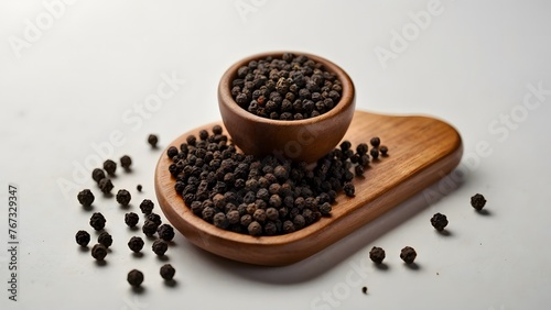 Black Pepper on Wooden Tray on White Background