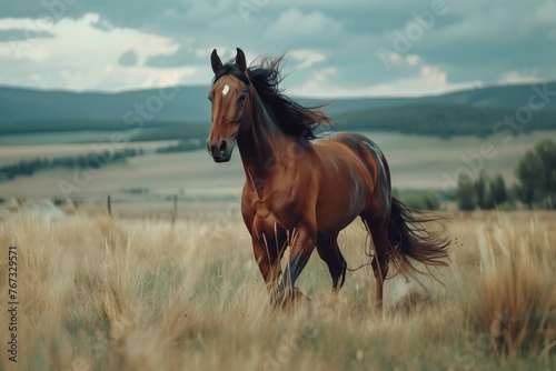 A horse galloping across an endless field.
