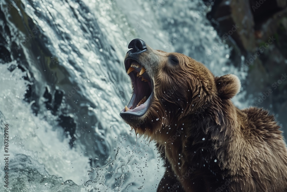 A mighty bear growling at a waterfall A mighty bear growling at a waterfall