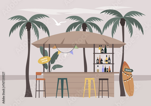 Tropical Serenity, Sunset at a Secluded Beach Bar under rustling palms