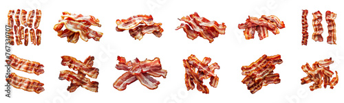Crispy bacon strips in various arrangements, cut out transparent