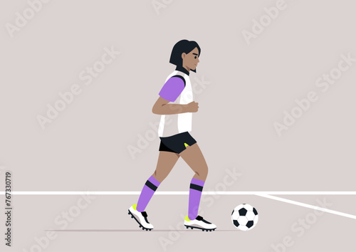A focused soccer player in colorful uniform controls the ball at their feet on the field