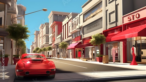 View of the city street with a red sports car. 3d rendering © Iman