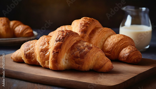 French croissants for breakfast on wooden board. Fresh milk. Delicious snack. Tasty pastry.