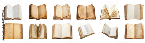 Open antique and new books isolated, cut out transparent
