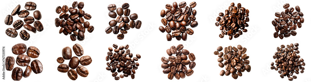 Naklejka premium Collection of roasted coffee beans in various arrangements, cut out transparent