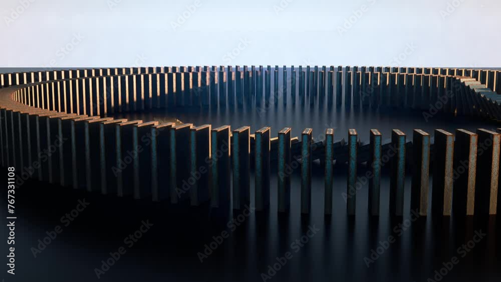 falling dominoes whose fall stops at a small but brave little one - 3D animation
