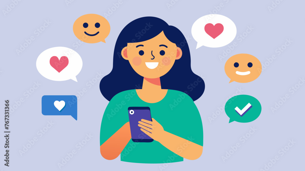 A woman is smiling at her phone screen scrolling through different social media platforms to engage with her followers and respond to comments.