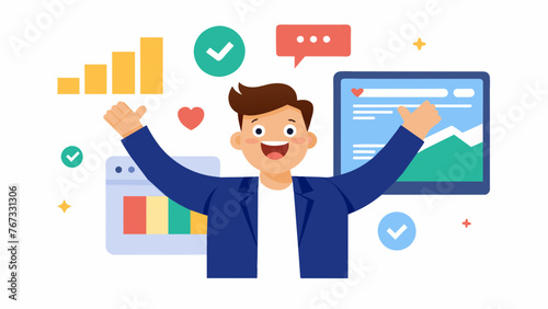 A business owner excitedly checks the realtime social media analytics dashboard celebrating a spike in website traffic and sales after launching