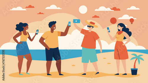 On a beach several influencers take turns taking photos of each other for their social media channels highlighting the symbiotic relationship