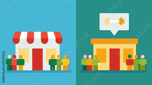 A before and after image of a small store with the first one showing few customers and the second one showing a bustling crowd indicating the
