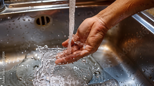 Close up of a hand testing water temperature in a sink