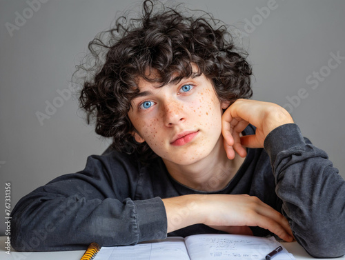 a teenager with blue eyes and curly black hair is doing homework, studio photo © TimosBlickfang