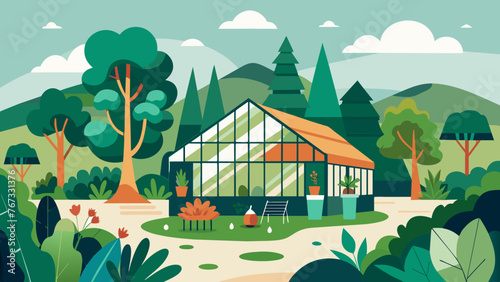 A health and wellness retreat center surrounded by lush gardens and a greenhouse filled with fresh herbs and vegetables used in their onsite