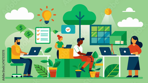 A collaborative workspace with renewable energy sources green walls and an onsite composting program.