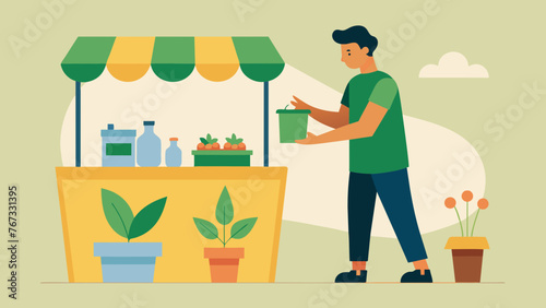 In a bustling marketplace a young business owner sets up a stand adorned with various ecofriendly products attracting curious customers