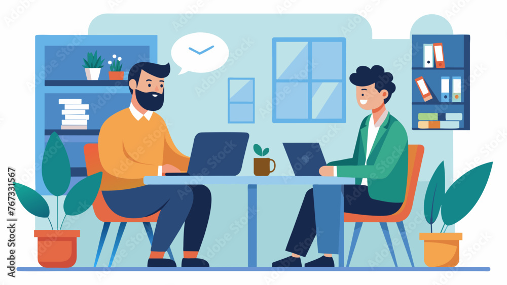 Two professionals engage in a oneonone mentoring session in a quiet corner of a busy workplace focused on setting and achieving career goals and Two professionals engage in a oneonone mentoring session in a quiet corner of a busy workplace focused on setting and achieving career goals and