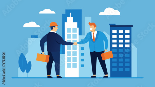 Two businessmen shake hands beside a large model and blueprints of a new apartment complex highlighting their successful partnership in real