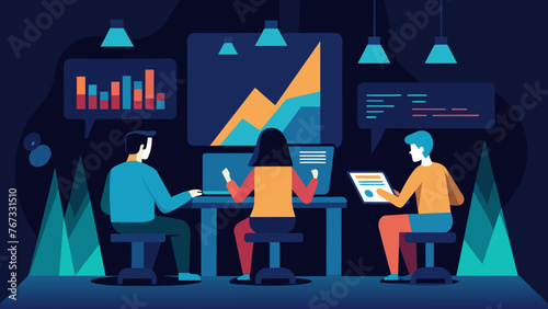 A team of analysts work tirelessly in a dimly lit room sifting through mountains of data and crunching numbers to produce accurate predictions