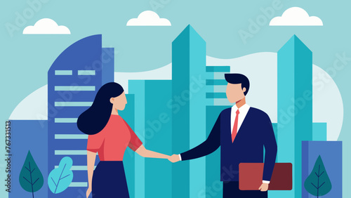 A businesswoman and an investor shake hands while standing in front of a modern skyser signifying the successful completion of a major property