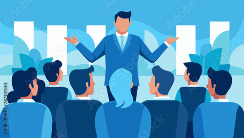 In a large conference room a CEO is giving a powerful presentation surrounded by his team of employees. The CEOs enthusiasm is infectious as the