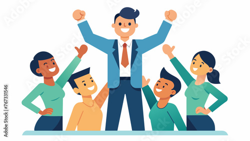 A CEO is leading a teambuilding exercise in the office with employees laughing and working together. The CEOs encouraging words and positive