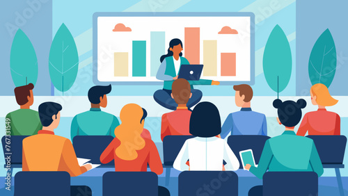 A diverse group of professionals gather in a conference room for a leadership workshop with notebooks and laptops in hand. A projector displays