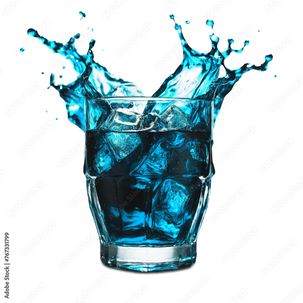 Drink blue, ice cubes in a glass with splashes isolated on a transparent and white background. PNG. - obrazy, fototapety, plakaty 