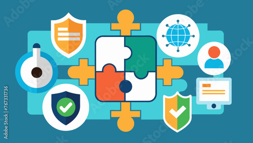 A puzzlelike graphic depicting the different components of data encryption and cybersecurity working together to safeguard businesses from