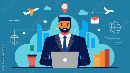 A businessman is on his laptop reviewing reports and data while on a business trip. With the help of AI he is able to make important decisions