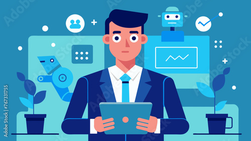 A techsavvy businessman is pictured utilizing innovative AI tools on his tablet to enhance productivity and create a more efficient workplace.