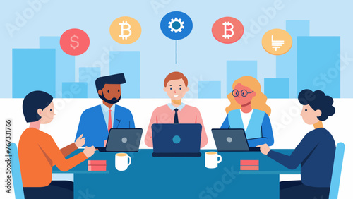 A group of business professionals sitting around a conference table discussing the benefits of incorporating blockchain technology and