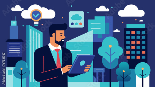 In a bustling city street a businessman is seen utilizing advanced AI applications on his tablet to assist with data analytics and forecasting